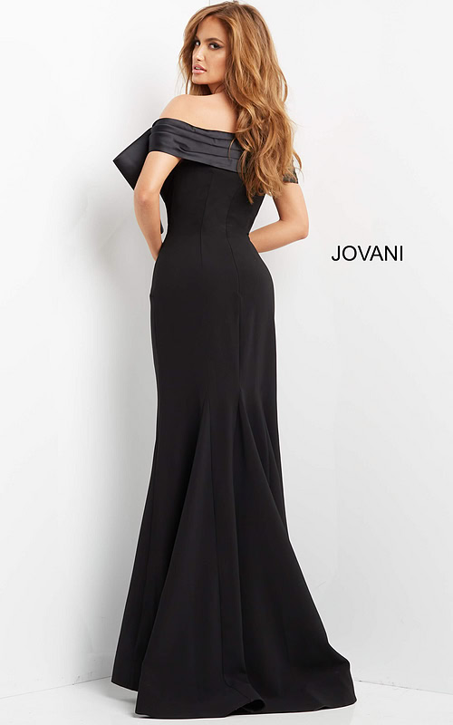 Model wearing Jovani 07014 Black Fitted Off the Shoulder Evening Dress