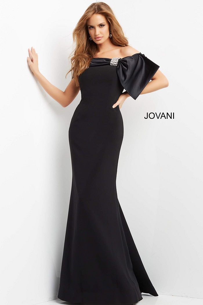 Jovani 07014 black gown with off-the-shoulder design.