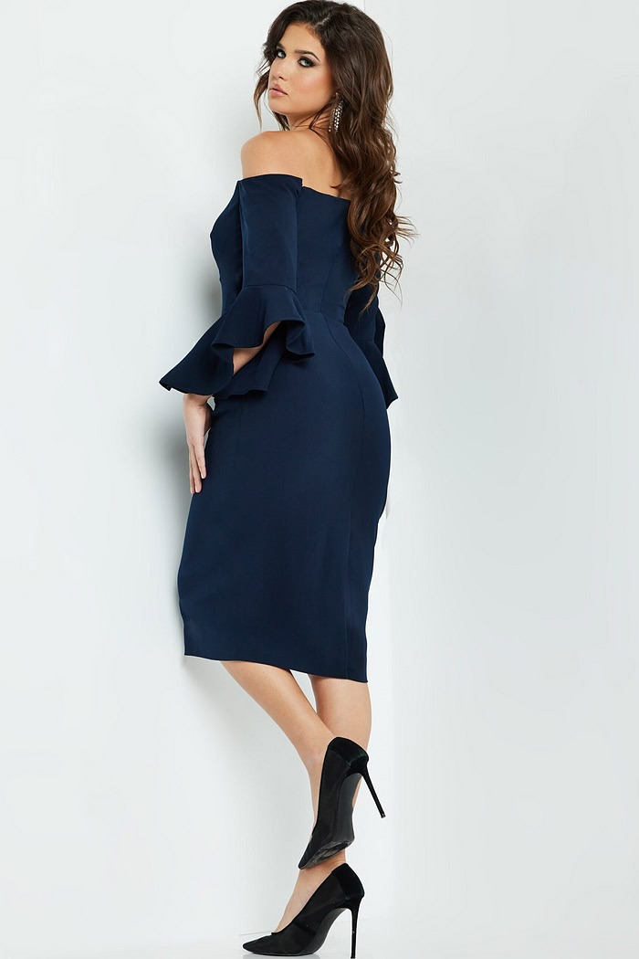 Back view of Jovani 07066 dress in navy, showing the elegant draping.