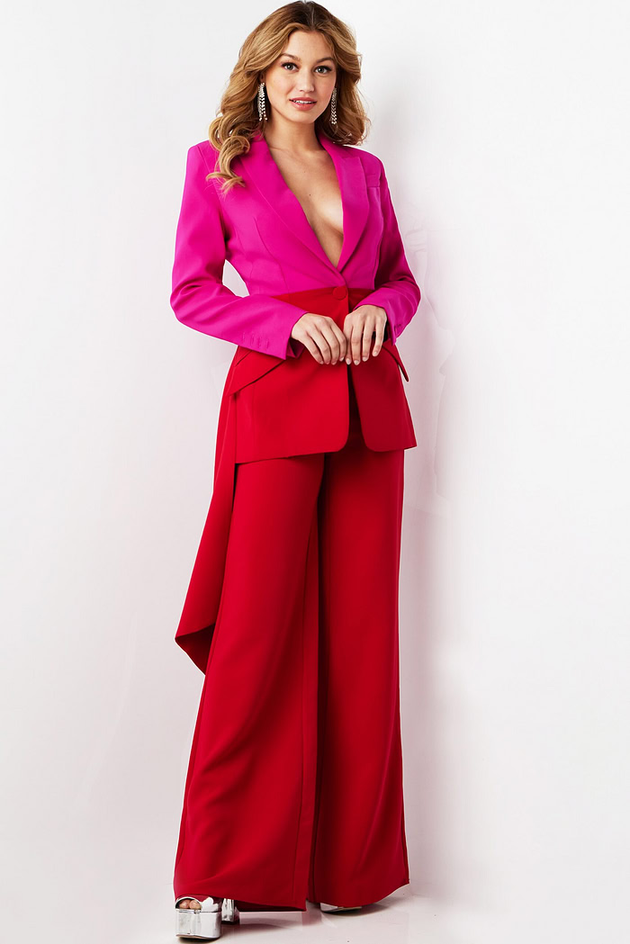 Model wearing Jovani 07093 fuchsia blazer and red trousers front view.