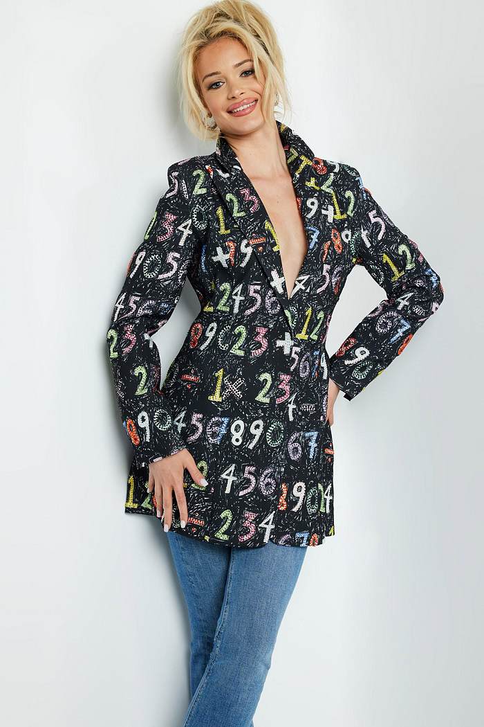 Model wearing Jovani 07191 multi-colored blazer dress, front view.