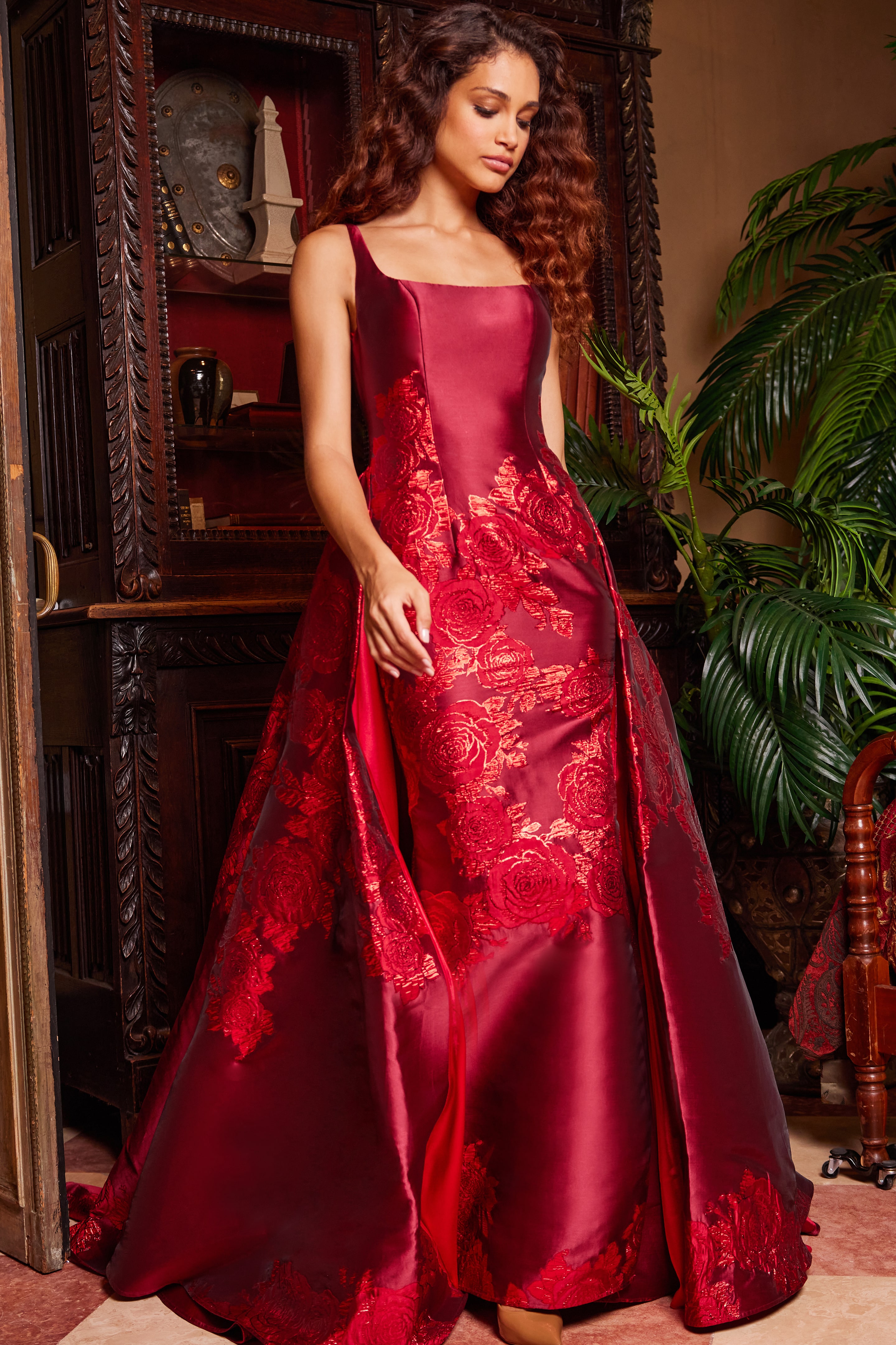 Model showcasing Jovani 07441 purple gown