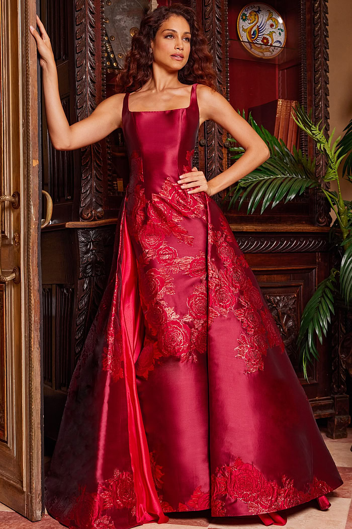 Front view of model wearing Jovani 07441 purple gown with high slit and square neckline.