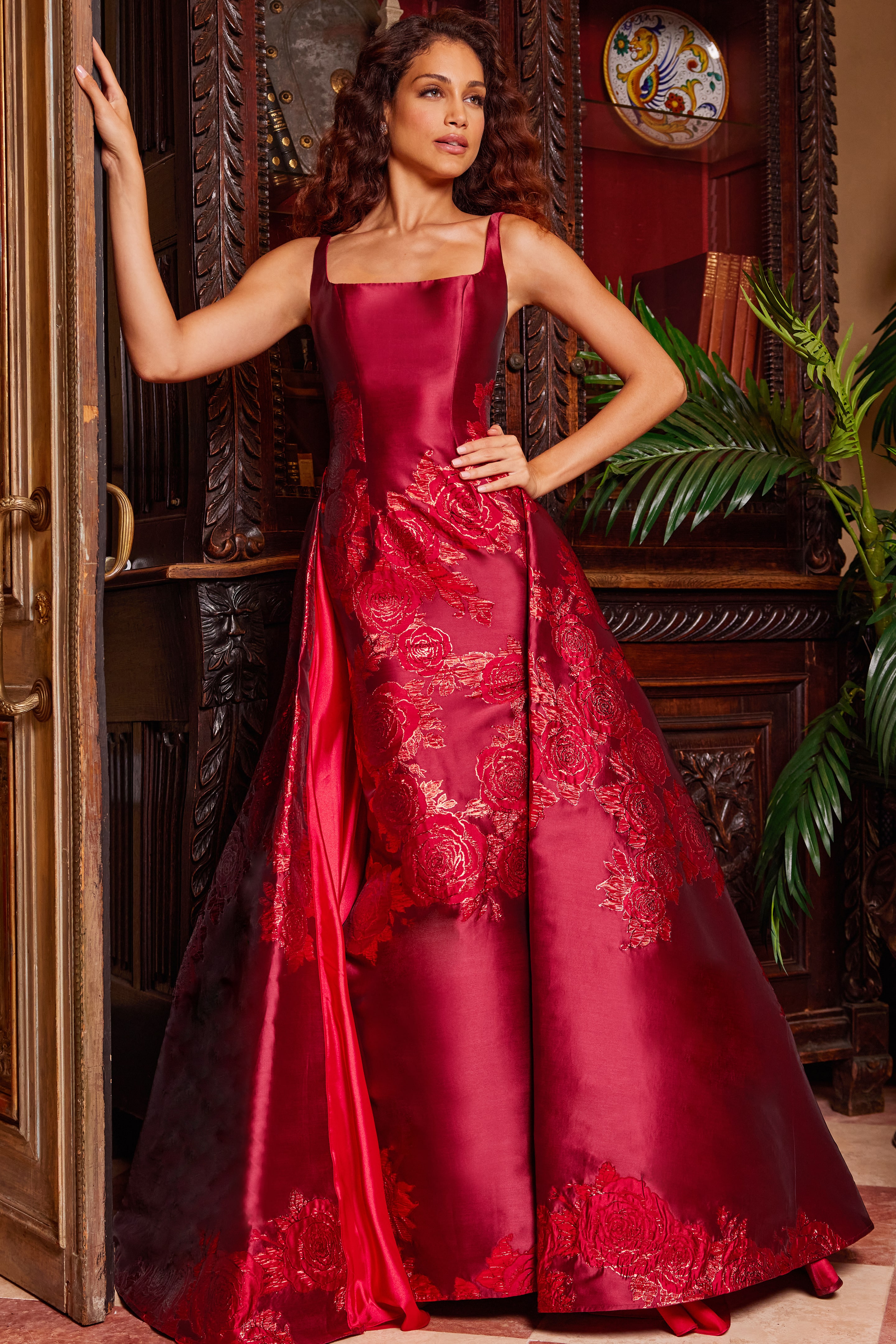 Front view of model wearing Jovani 07441 purple gown with high slit and square neckline.