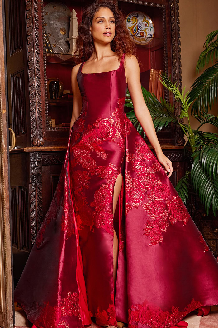 Elegant Jovani 07441 purple gown with a high slit and intricate design, worn by model.