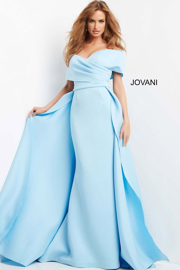 model wearing Jovani 07443 light blue gown full front view