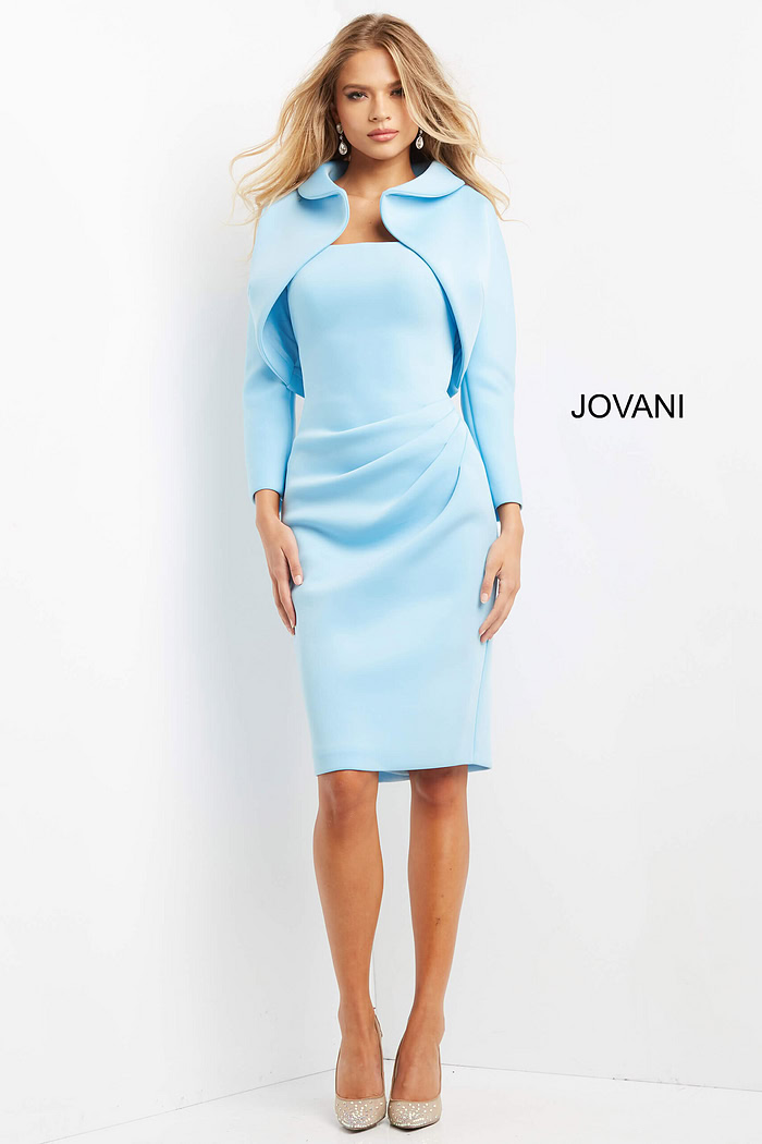 Model wearing Jovani 07556 strapless light blue dress, front view.