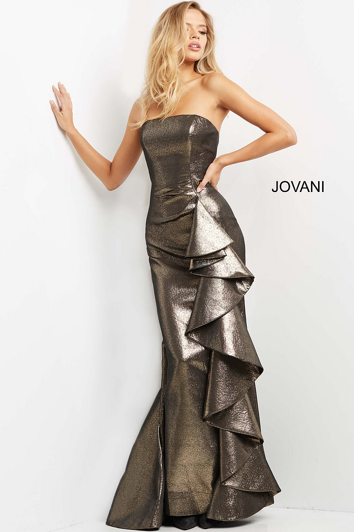 Model posing in Jovani 07582 metallic brown dress showcasing front details.