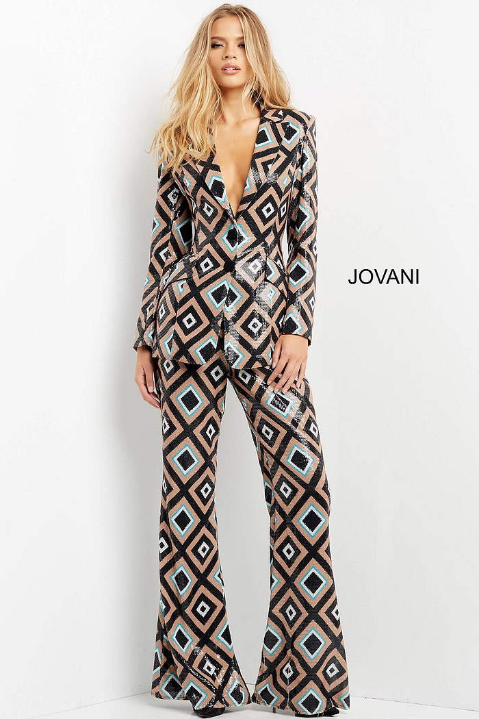 Model in Jovani 07921 jumpsuit, emphasizing the unique geometric design.