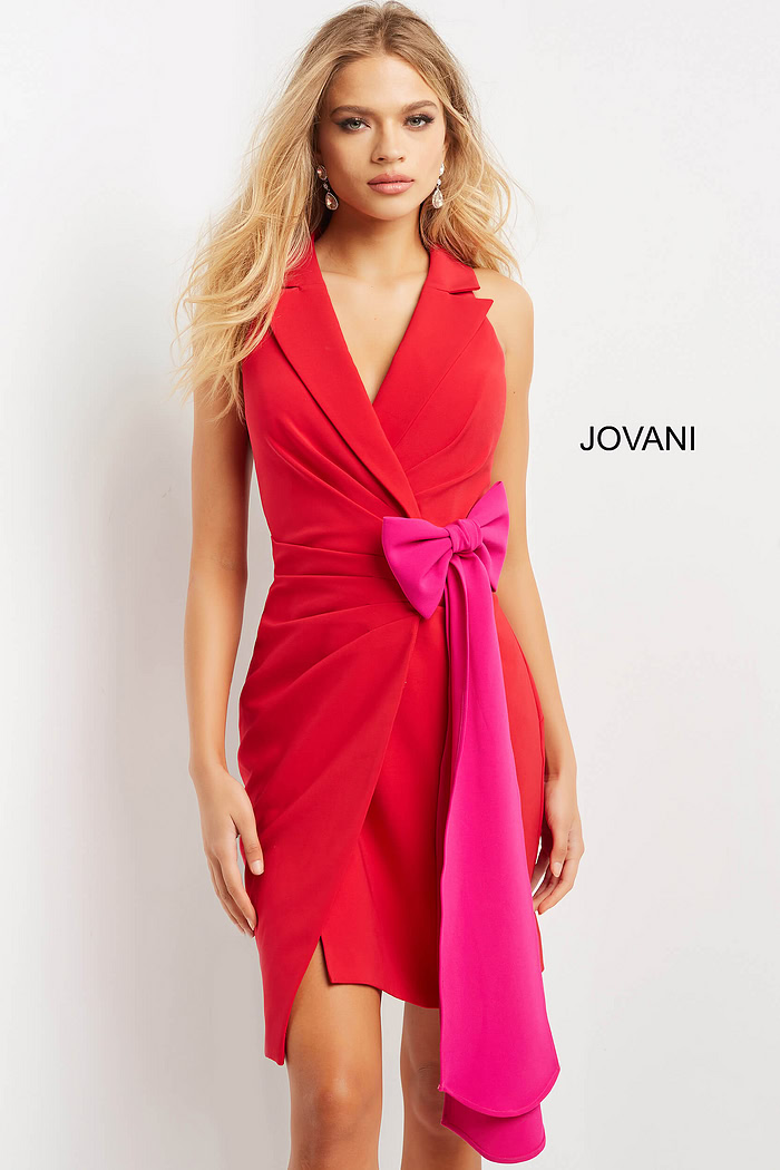 model wearing Jovani 07961 red dress with fuchsia bow detail, back view