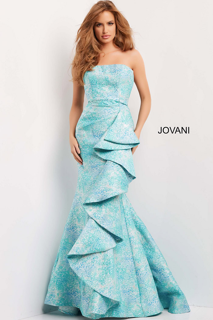 Front view of Jovani 08093 blue mermaid gown with cascading ruffle details.