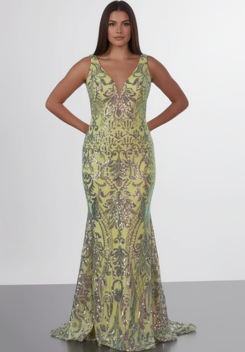 green v neck dress 08099
