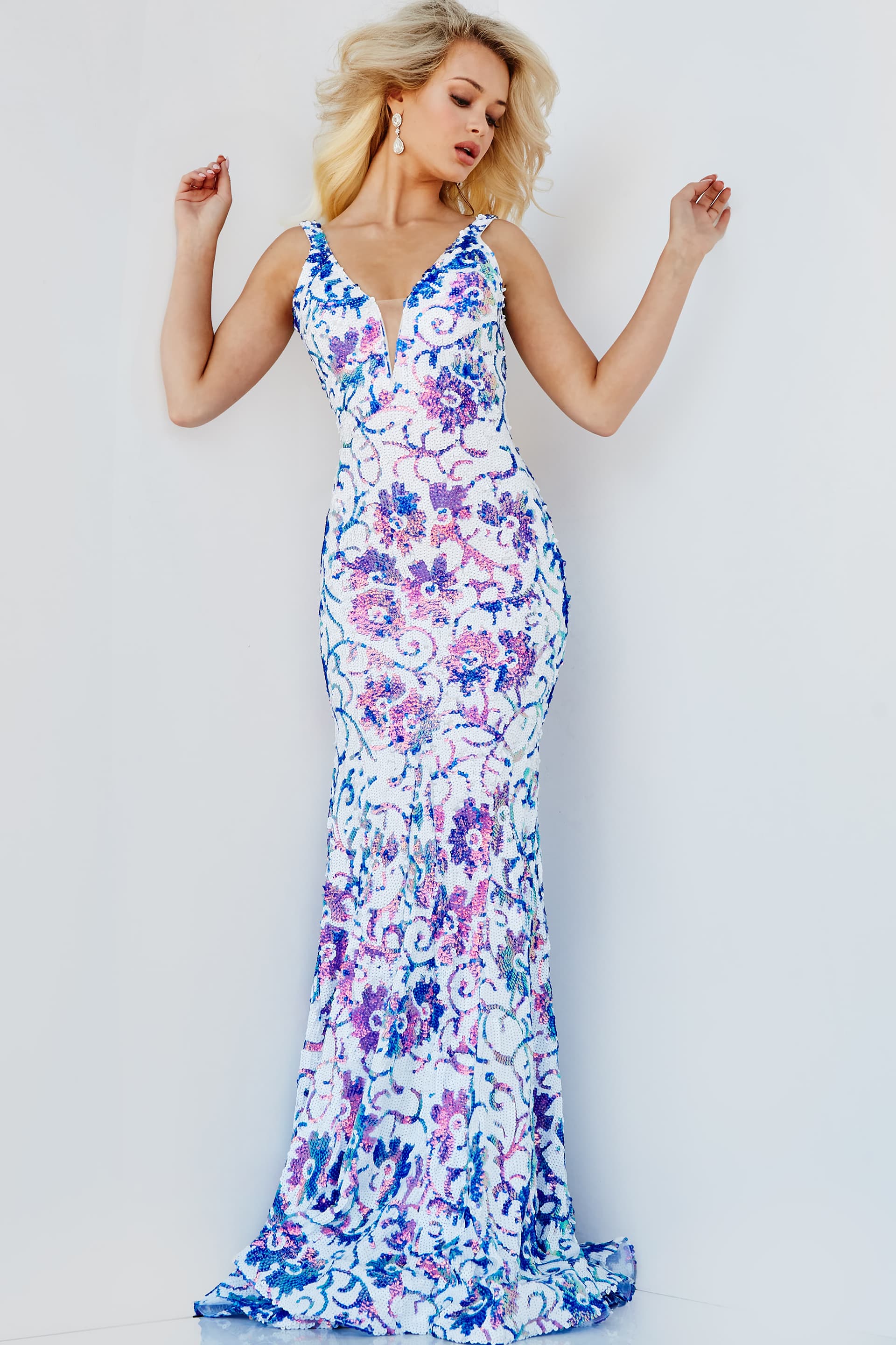 Model in Jovani 08257 highlighting floral print dress