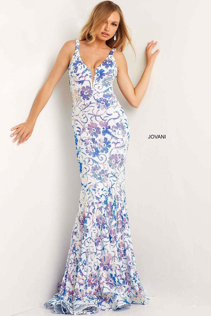 Model wearing Jovani 08257 Ivory Multi Color Print Purple Sequin Fitted Gown