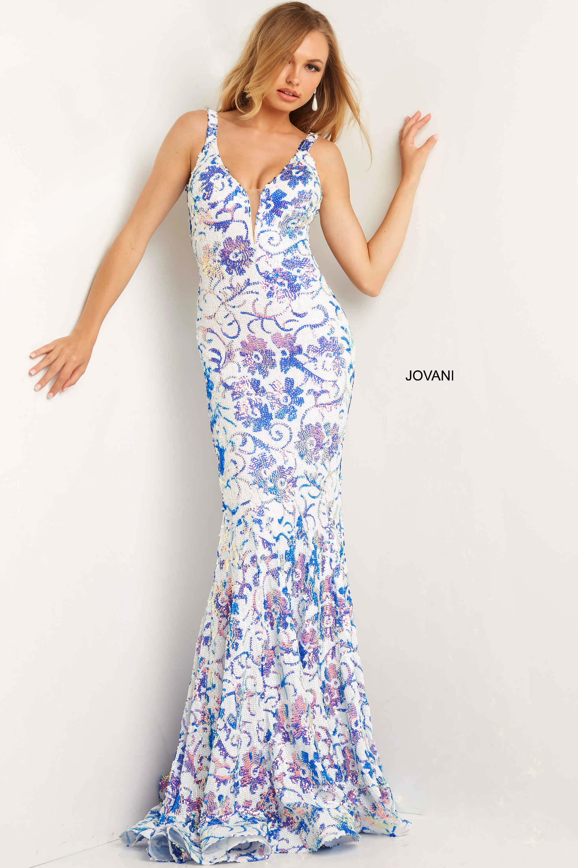 Model wearing Jovani 08257 Ivory Multi Color Print Purple Sequin Fitted Gown