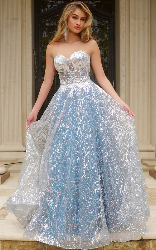 Model wearing Jovani 08417 blue A-line dress front view