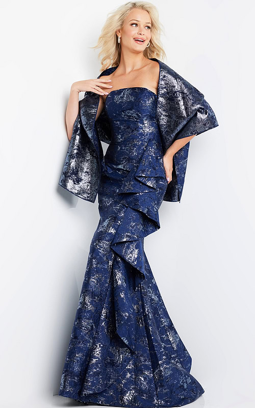 model wearing Jovani 08685 navy strapless mermaid dress front view