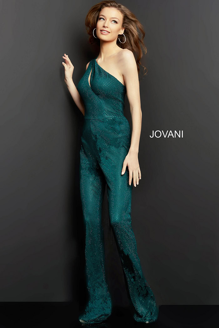 Model wearing Jovani 09018 green jumpsuit, front view