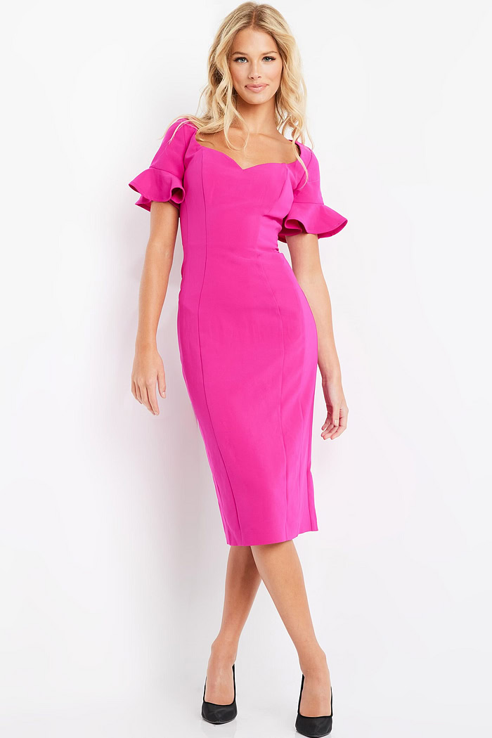 Front view of model wearing Jovani 09059 fuchsia dress with sweetheart neckline