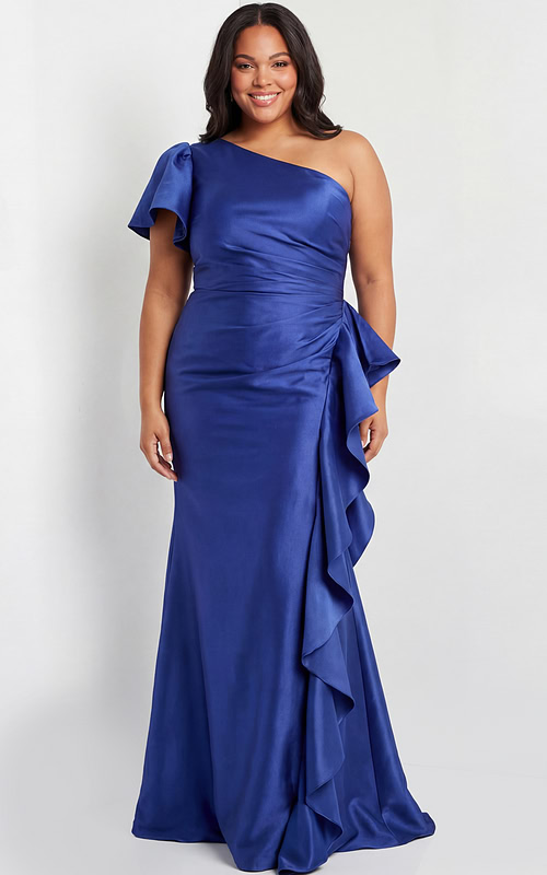 one shoulder gown with draped ruffle detail