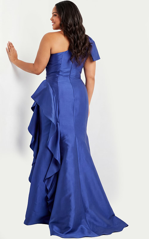 Back view of one shoulder gown with flowing ruffle skirt