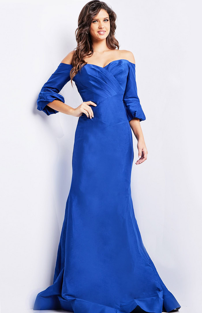 Model wearing Jovani 09420 blue dress, front view with stylish off-shoulder neckline