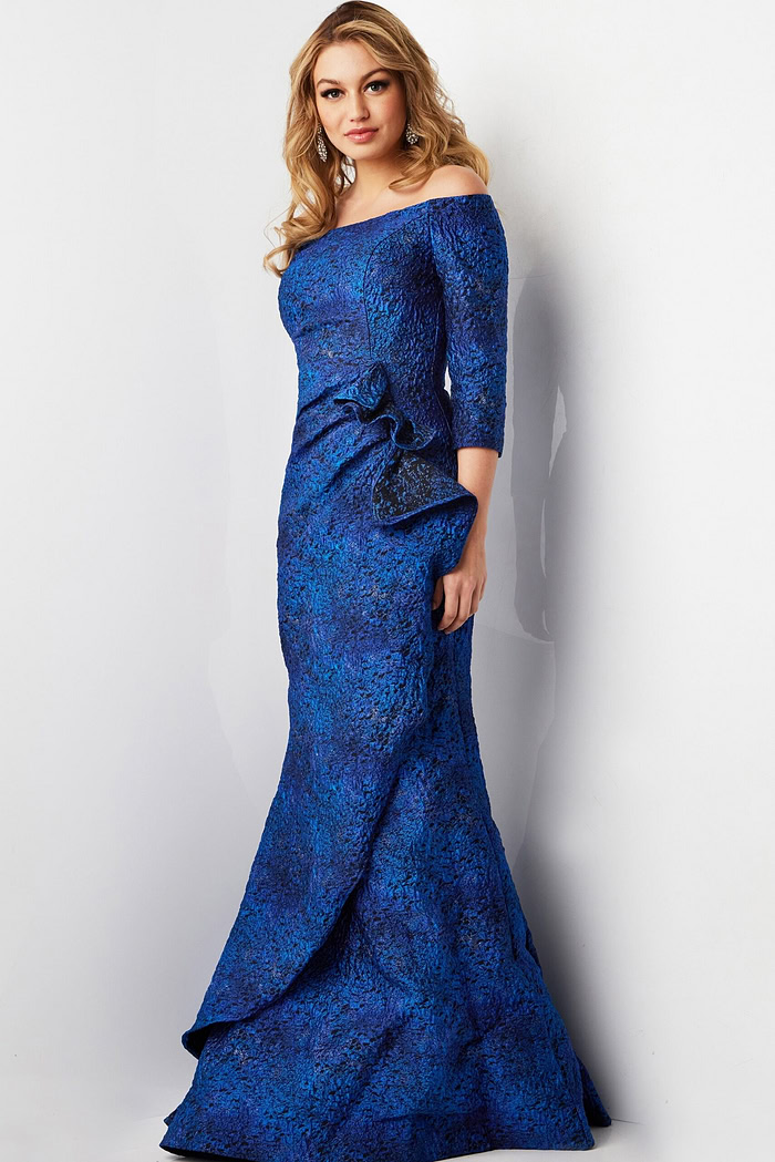 Model wearing Jovani 09550 blue dress front view