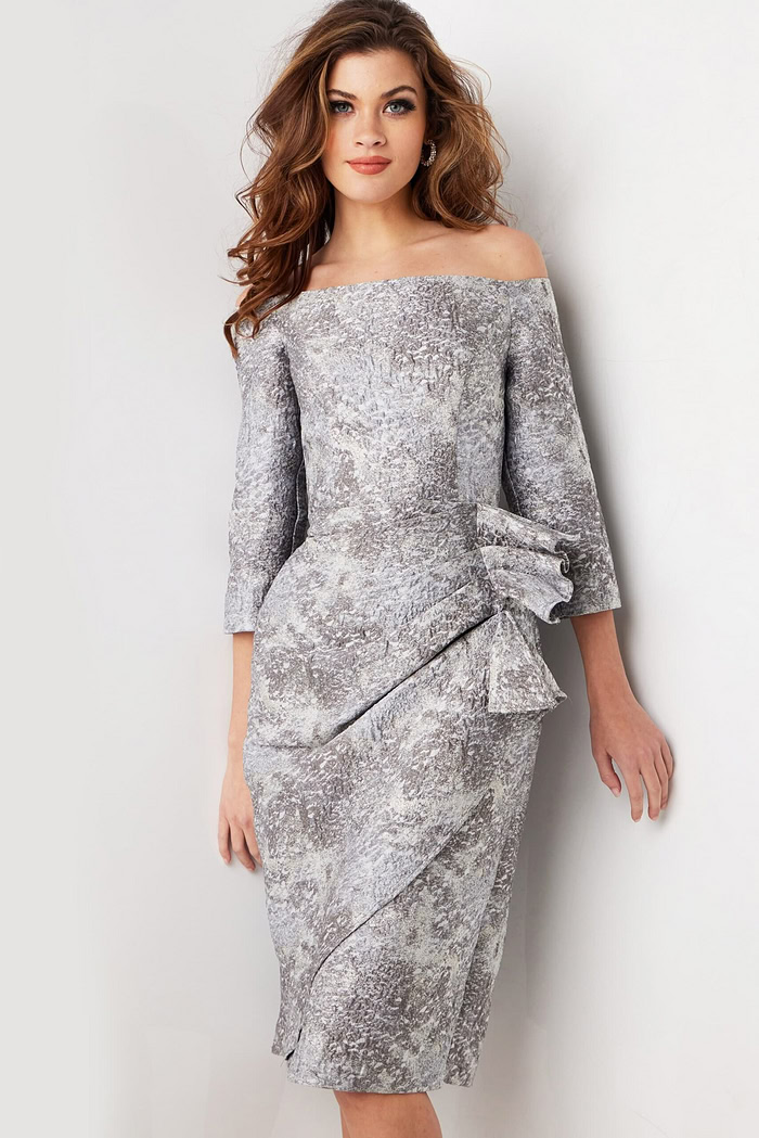 model wearing Jovani 09551 silver dress with off-the-shoulder neckline showing front view