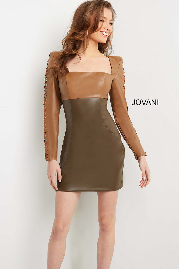 Model wearing Jovani 09585 camel and olive dress with square neckline, long sleeves, front view.