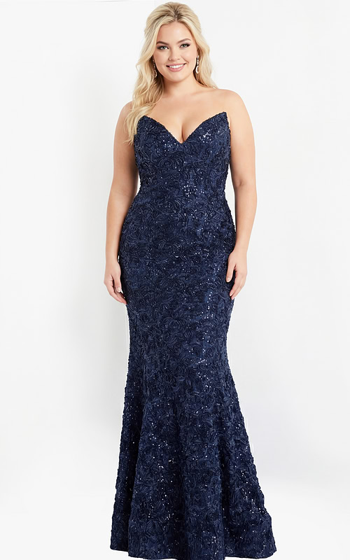 Elegant strapless navy gown with textured floral beading.