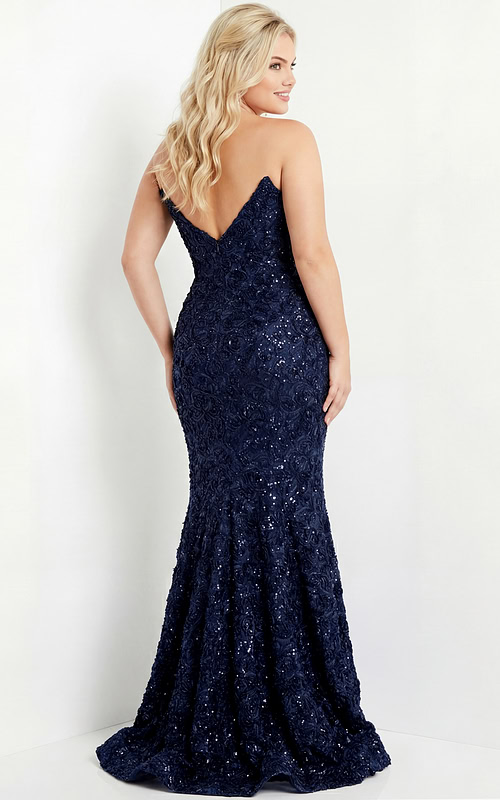 Back view of fitted navy beaded gown with subtle flare.