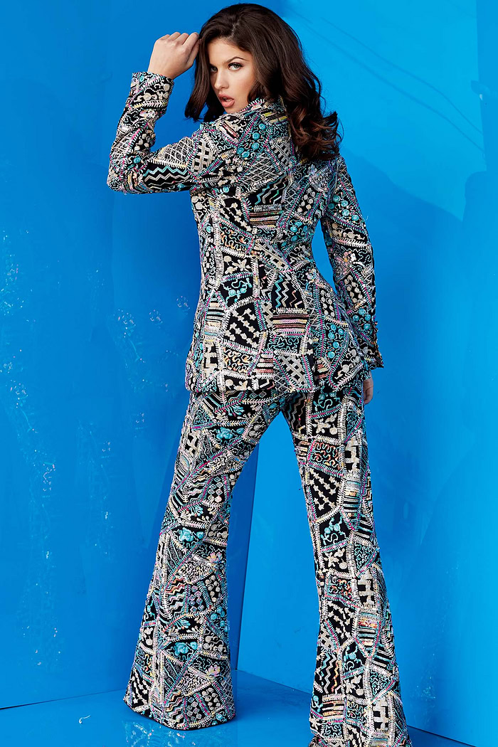 Back view of Jovani 09816 showing flared pants and blazer pattern.