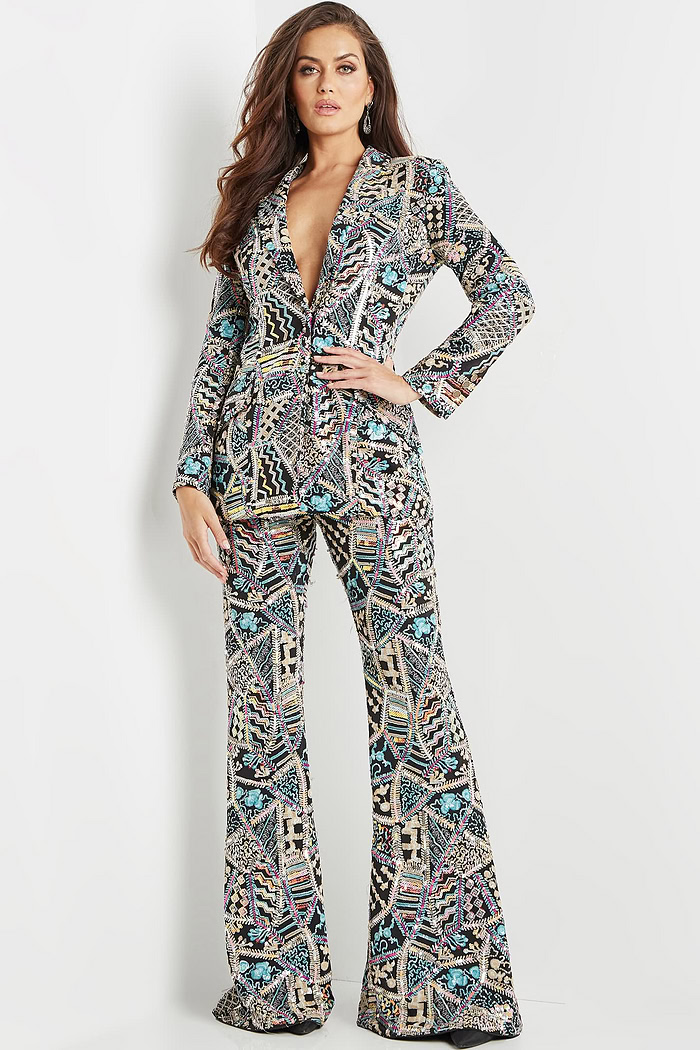 model wearing Jovani 09816 multi-colored pantsuit front view