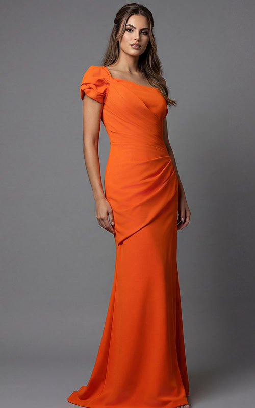 One shoulder fitted gown with draped bodice and floor length silhouette