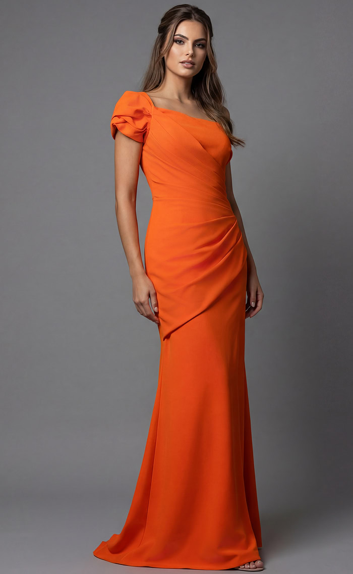One shoulder fitted gown with draped bodice and floor length silhouette
