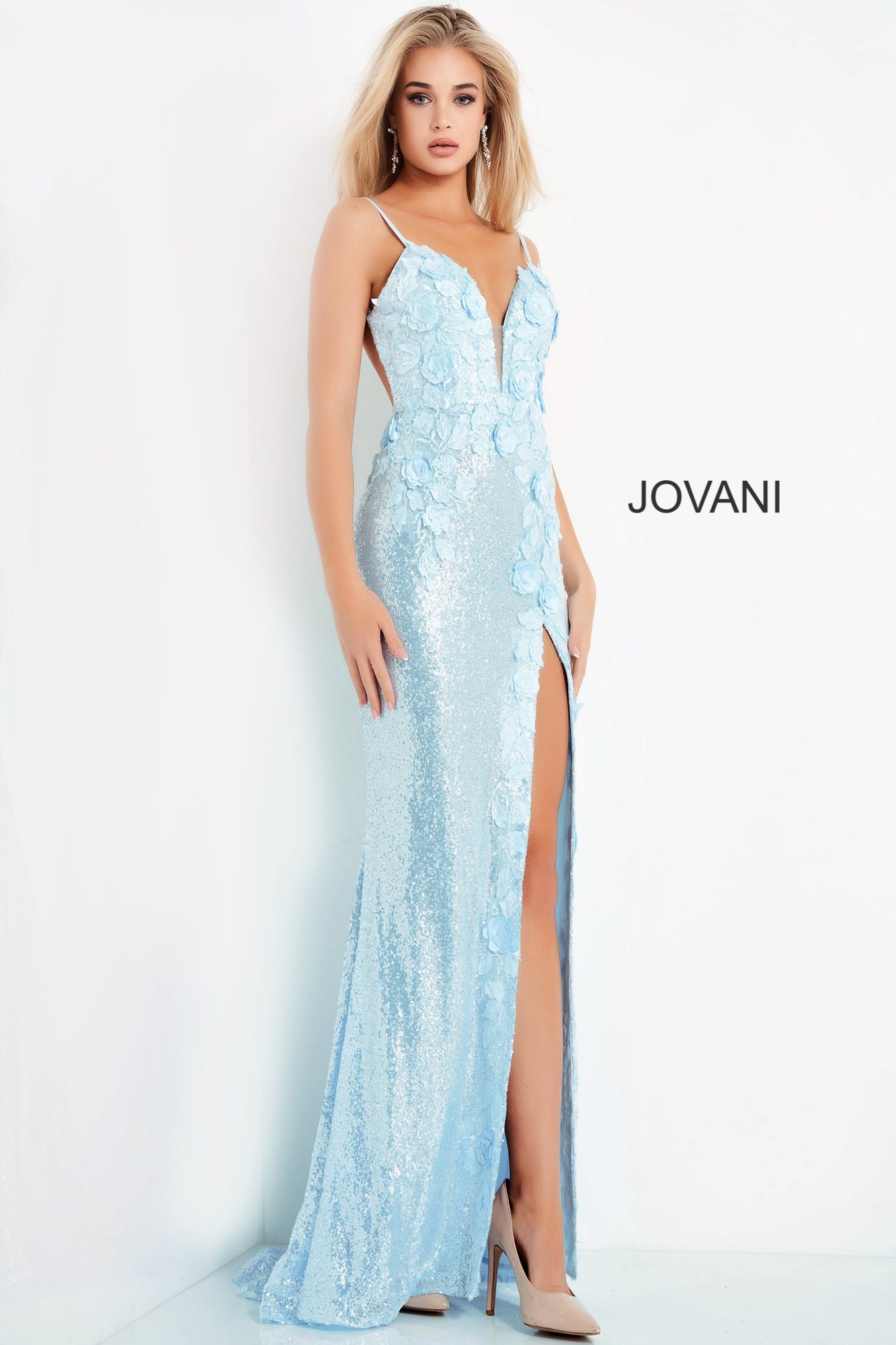Model wearing Jovani 1012 Floral Appliques Backless Dresses