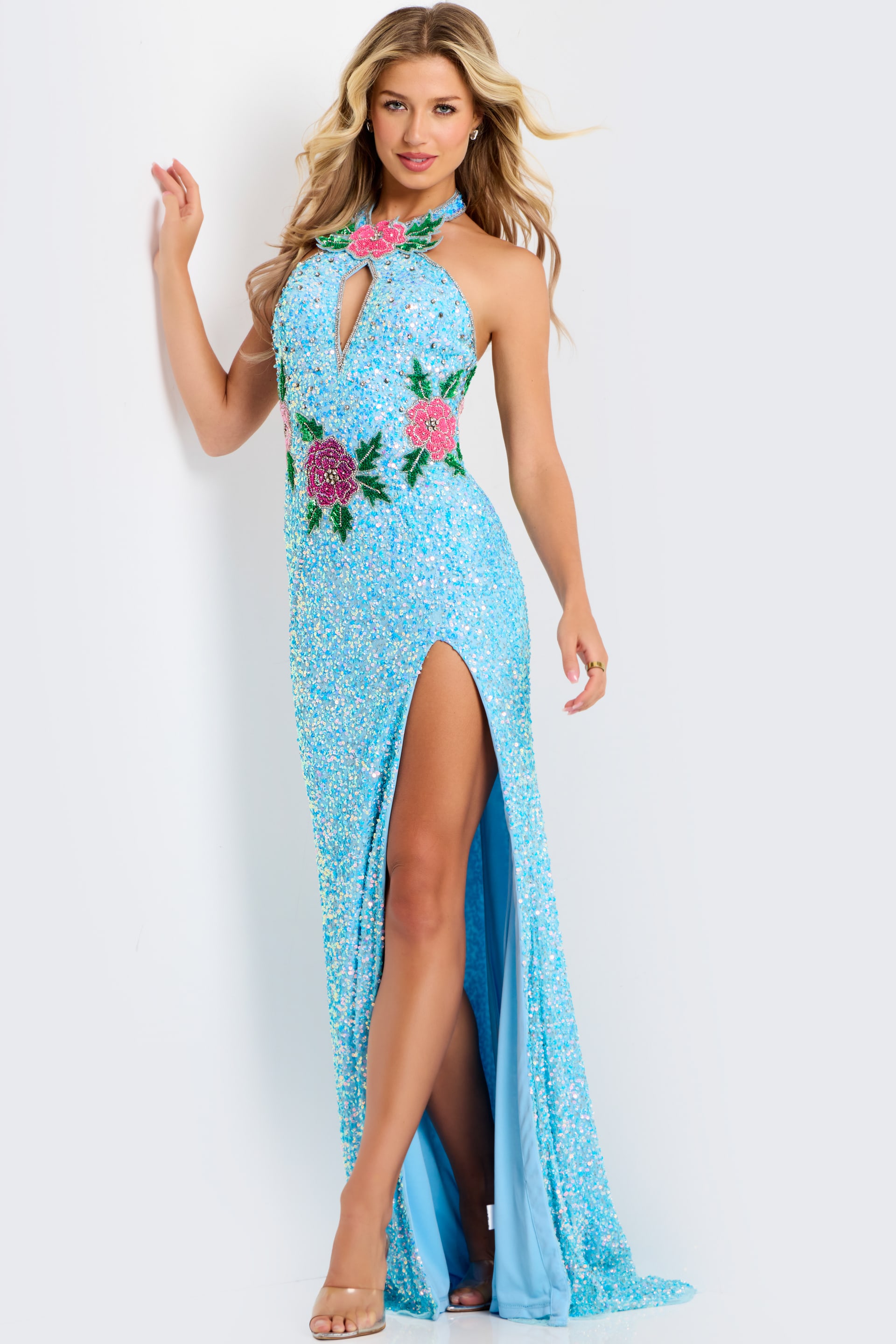 Sparkling halter gown with floral beaded details 46086