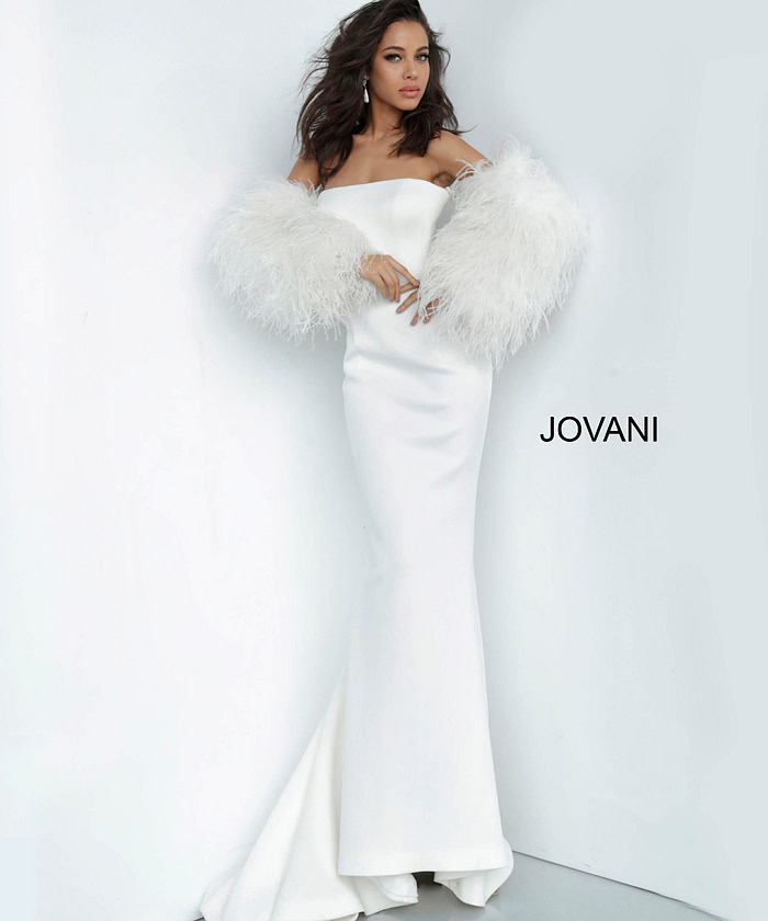 Model wearing Jovani 1226 white gown with feathered sleeves, front view.