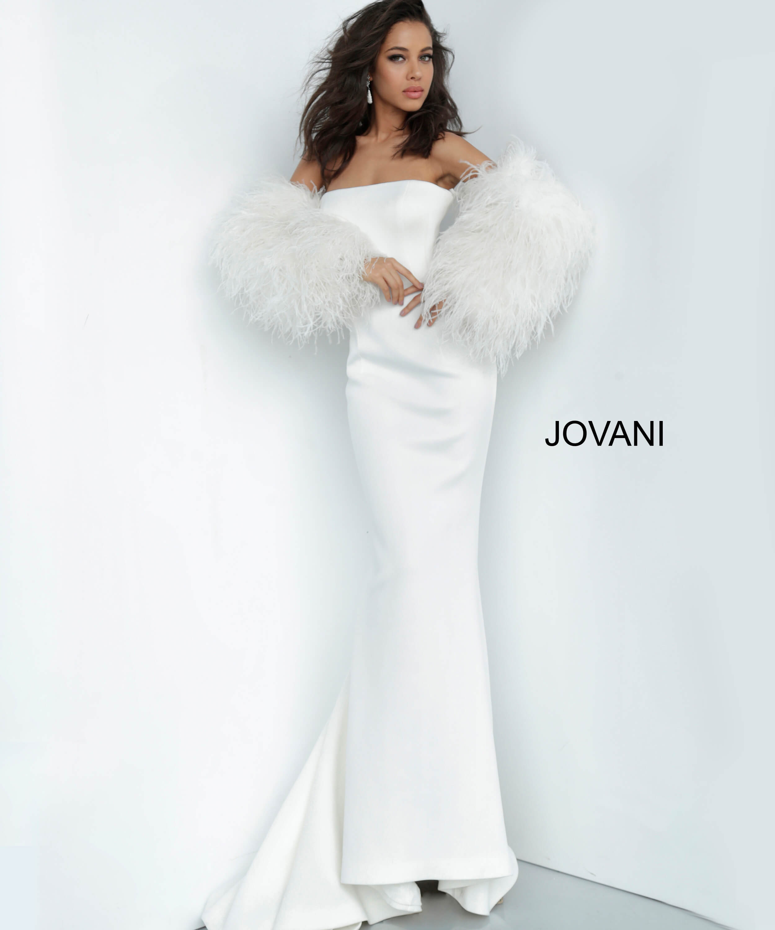 Model wearing Jovani 1226 white gown with feathered sleeves, front view.