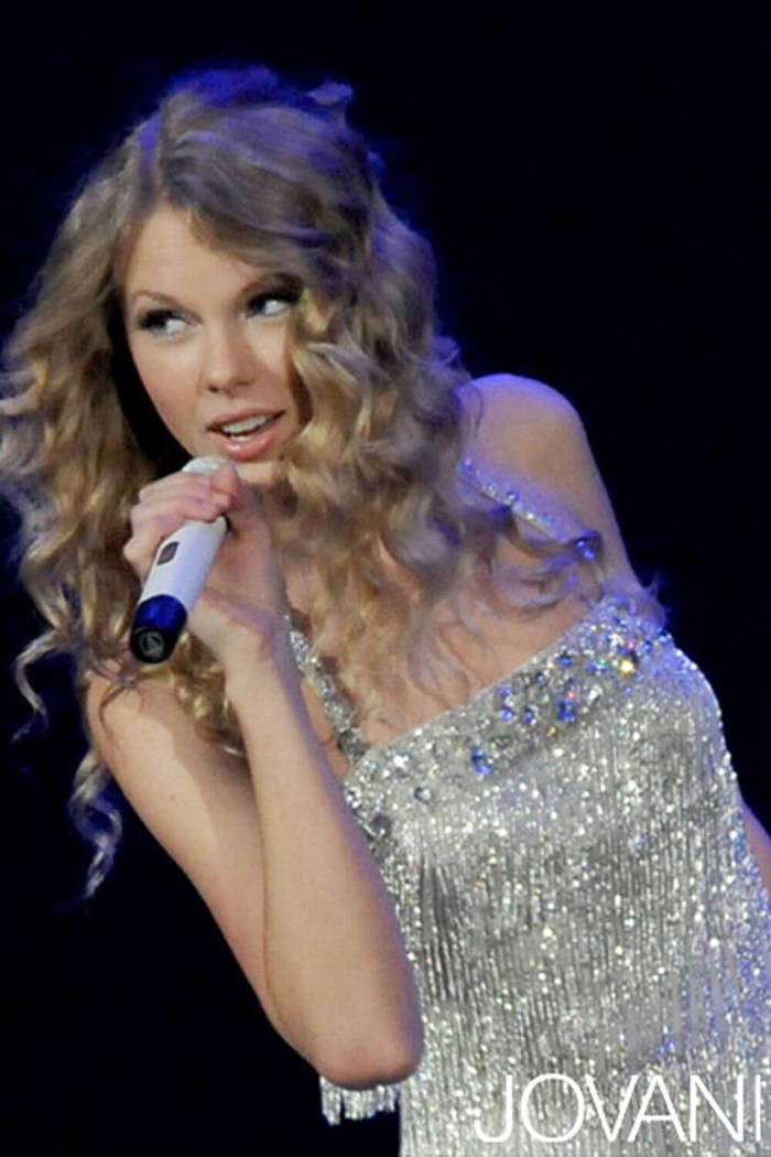Model wearing Taylor Swift in Jovani Style 14841