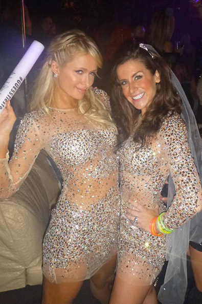 two models wearing Jovani 7757 nude mini dress with sparkling details