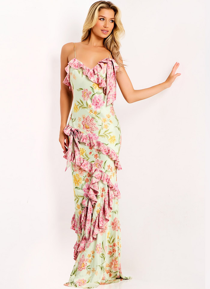 Elegant Floral Prom Dress With Cascading Ruffles
