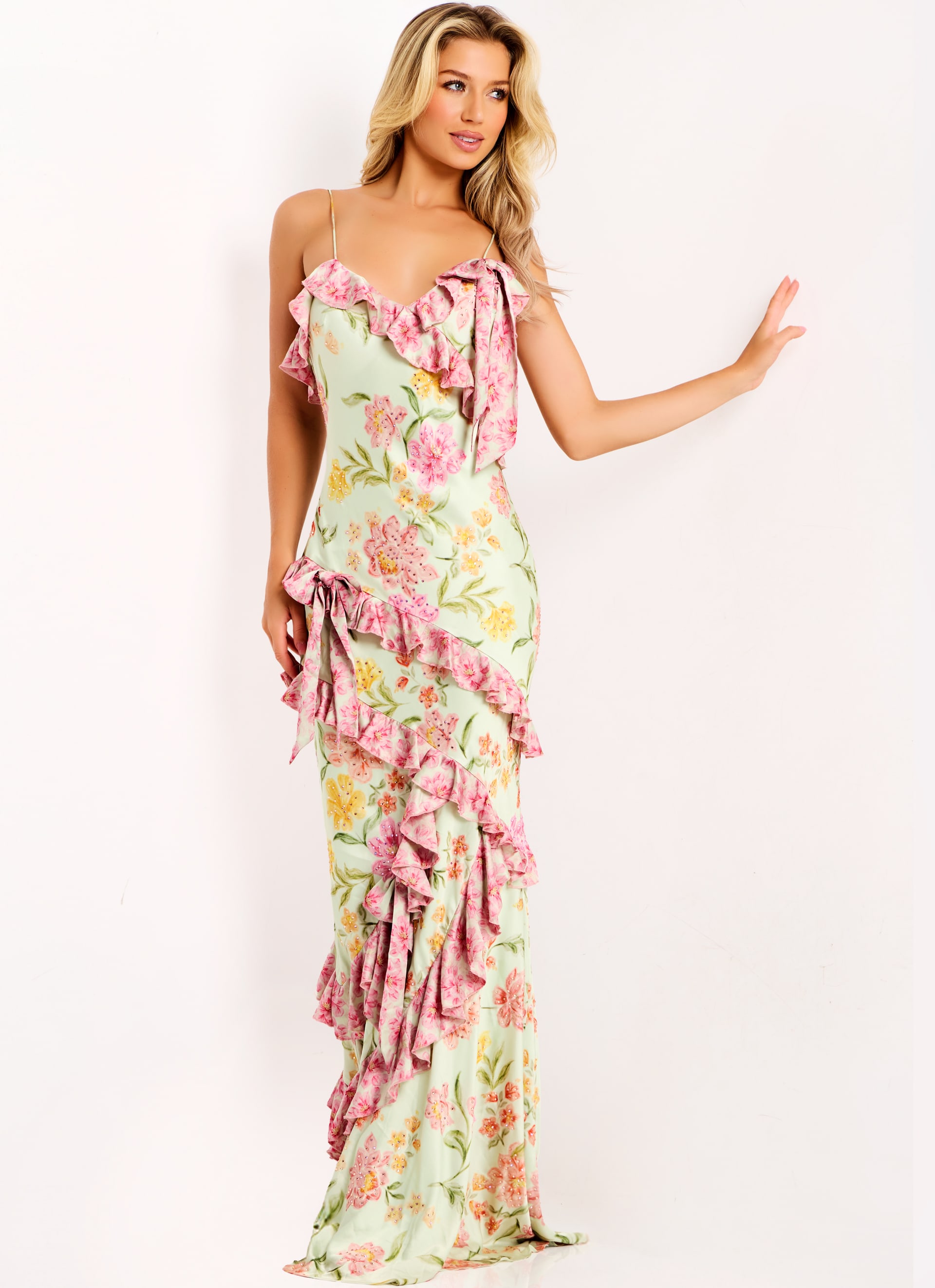 Elegant Floral Prom Dress With Cascading Ruffles