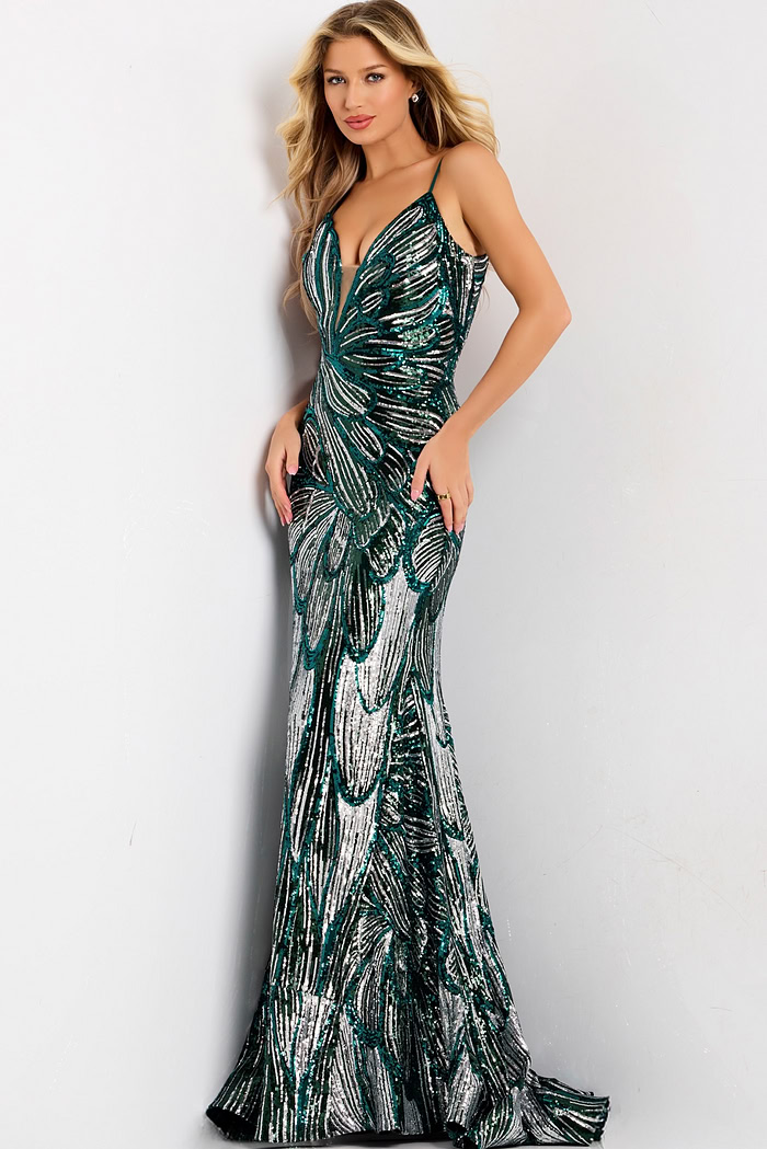 Elegant Green and Silver Sequin Gown