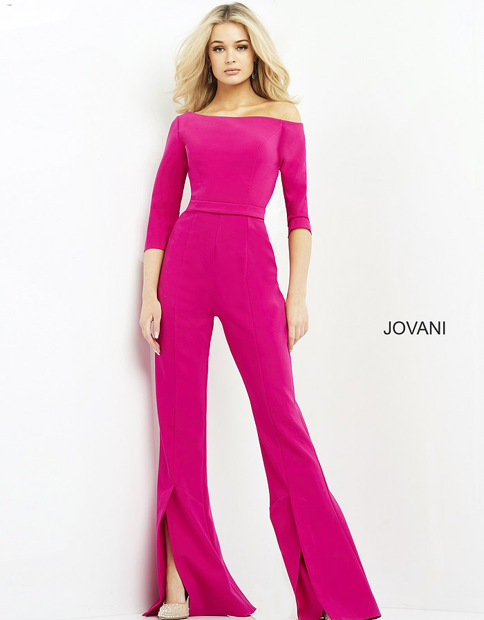Chic Jovani 1867 fuchsia jumpsuit with three-quarter sleeves.
