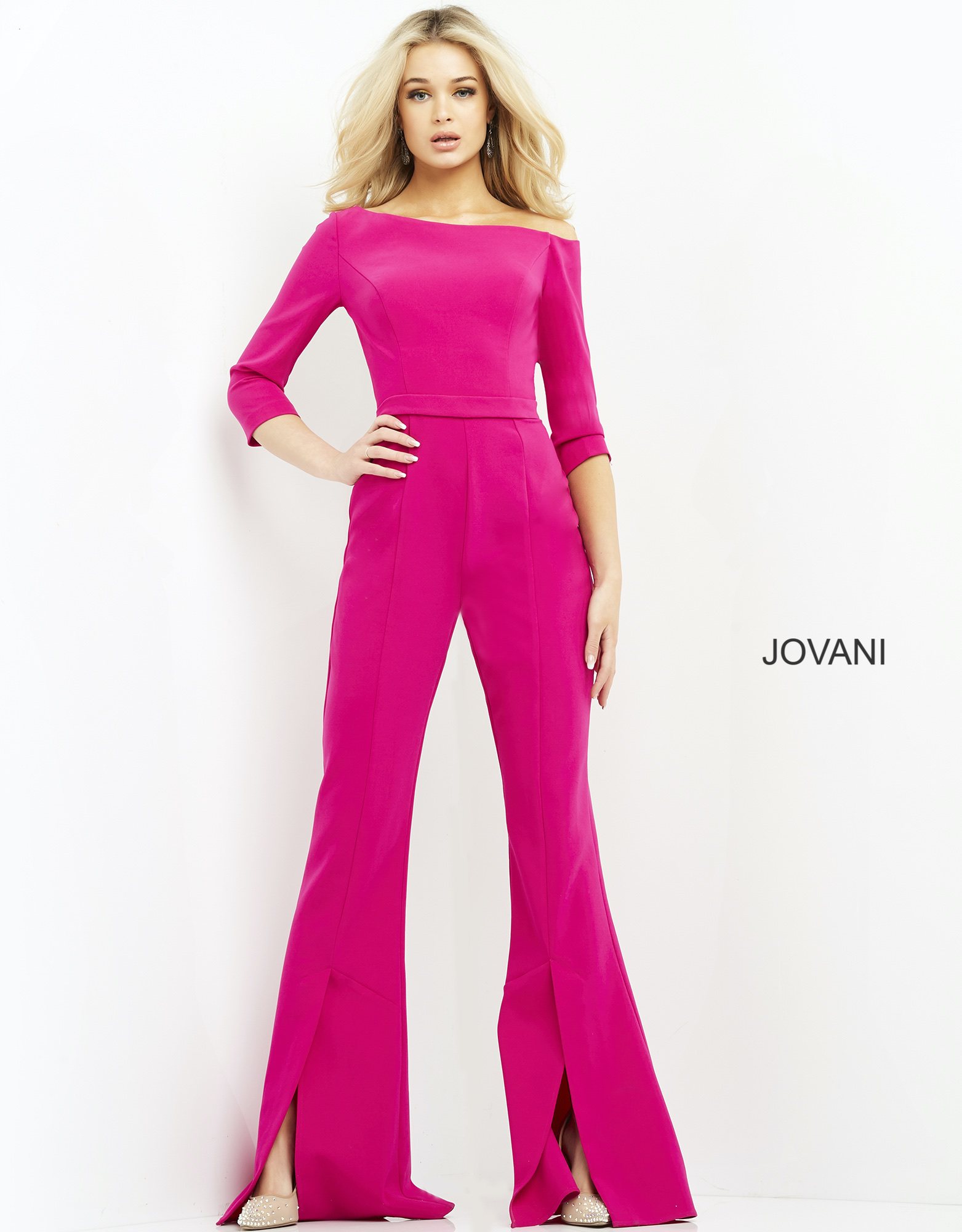 Back view of Jovani 1867 fuchsia jumpsuit showcasing elegant silhouette.