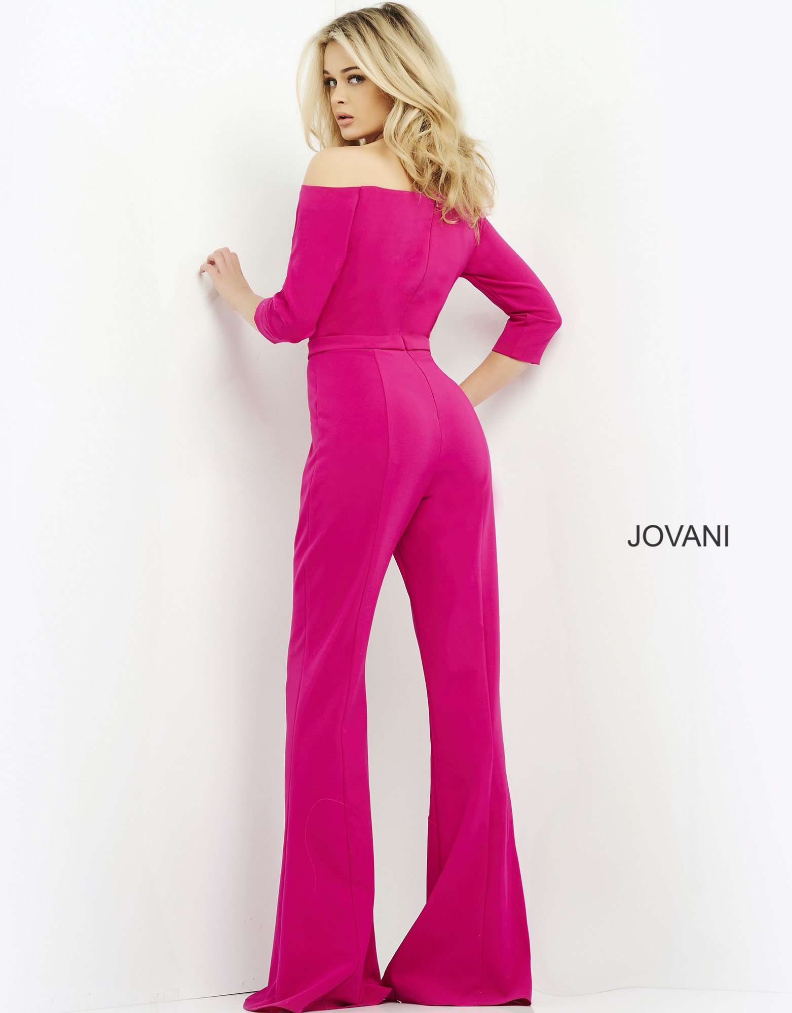 Jovani 1867 fuchsia jumpsuit with an off-the-shoulder neckline from the front.