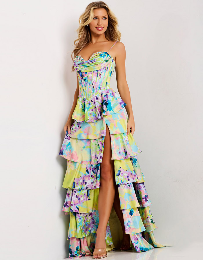 Tiered Floral Corset Prom Dress