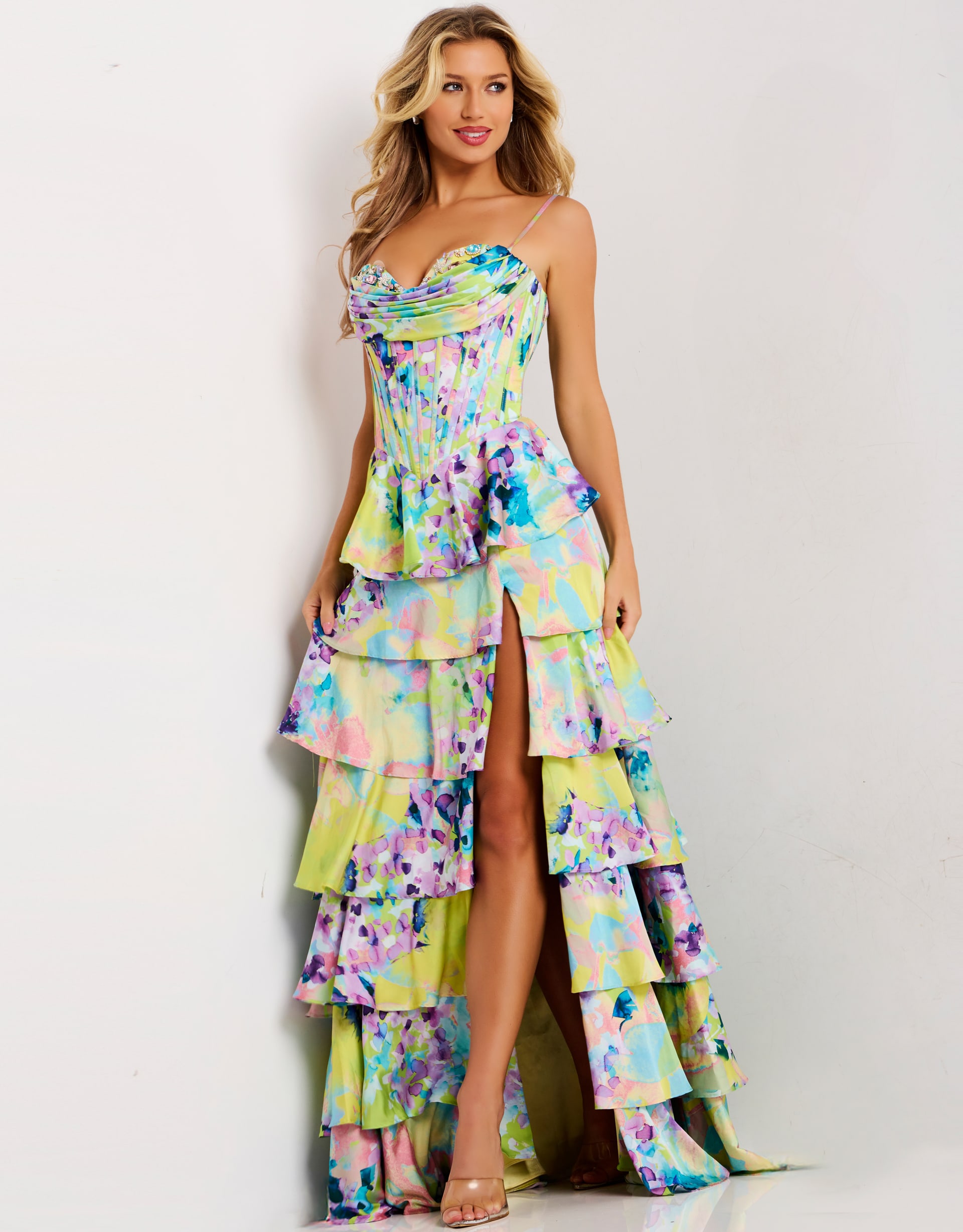 Tiered Floral Corset Prom Dress