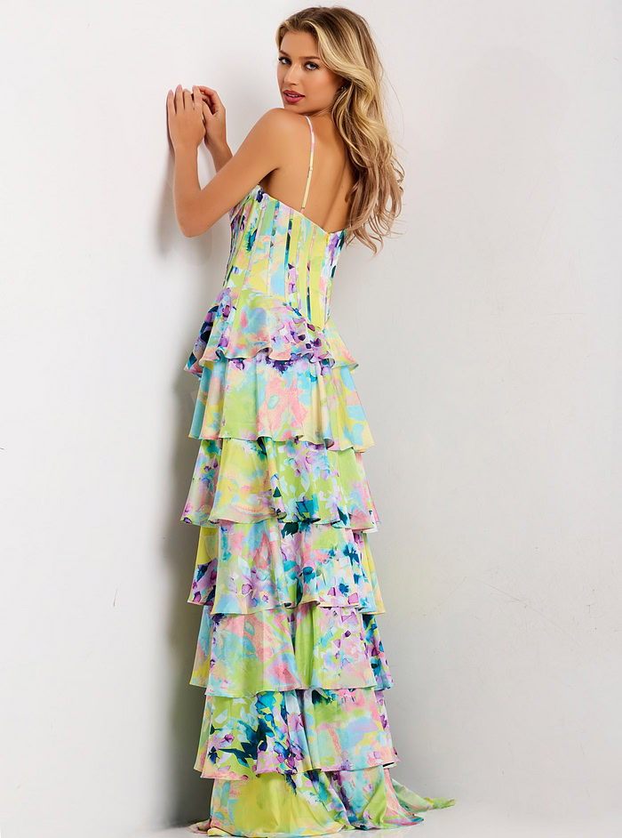Draped Neck Floral Ruffle Gown